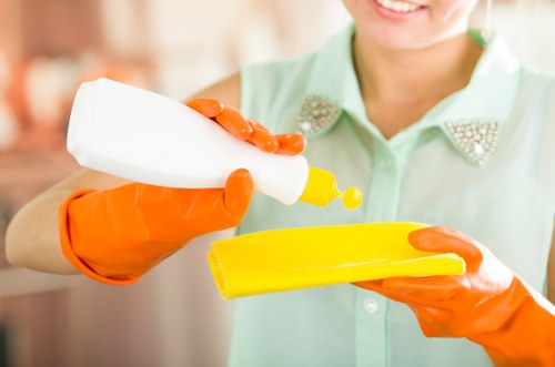 Technician using purified water for window cleaning
