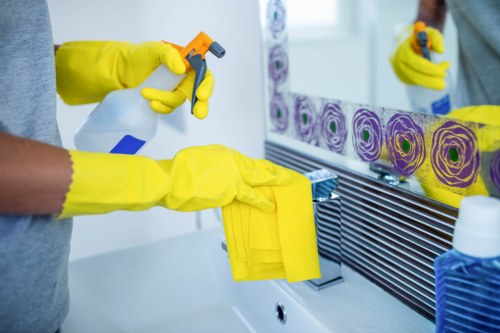 Kitchen domestic cleaning with organized surfaces and fresh hygiene